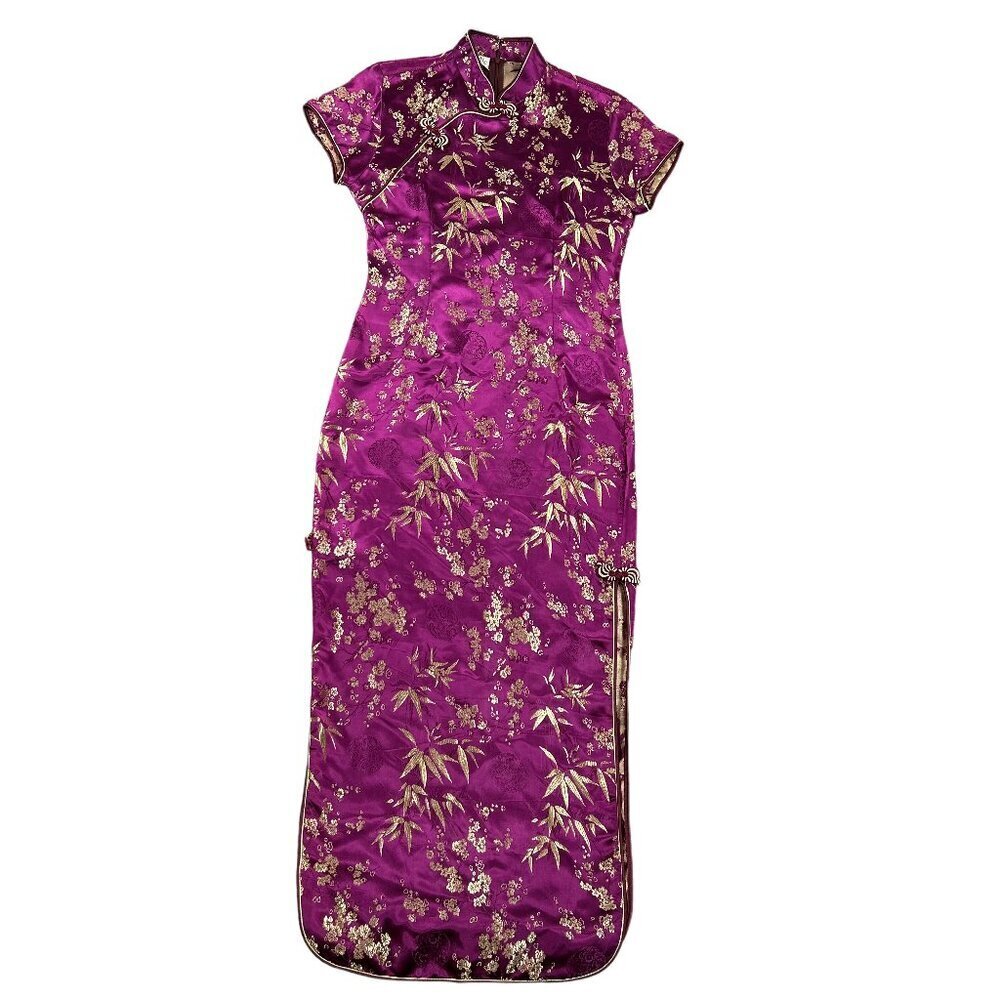 AN Purple Floral Cheongsam Asian-Inspired Long Sheath Dress Size L